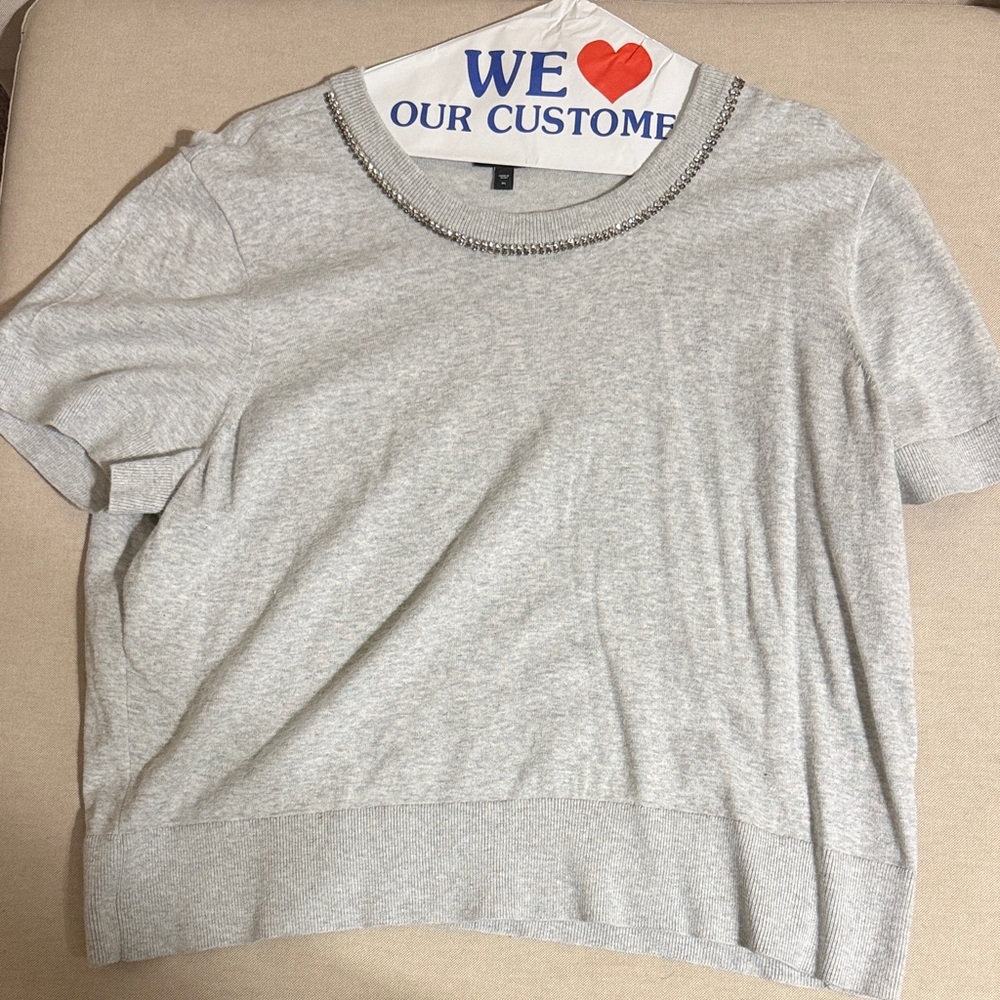 Grey Express sweater short sleeve with jeweled collar.